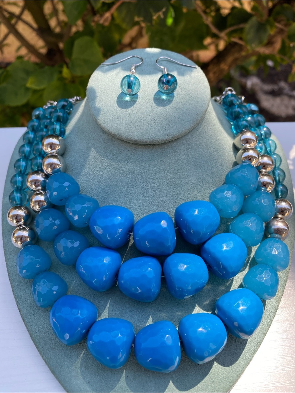 Blue Statement Bead Necklace and Earring Set